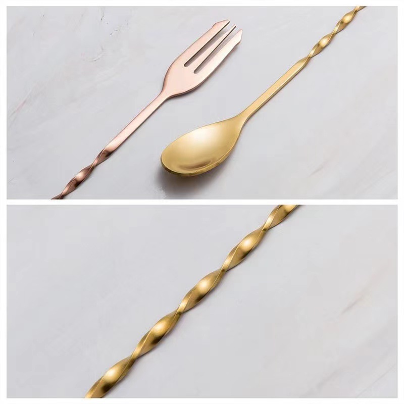 Mixing spoon 304 stainless steel long handle bar spoon ice spoon double-head dual-purpose mixing spoon fork long handle chicken tail Amazon