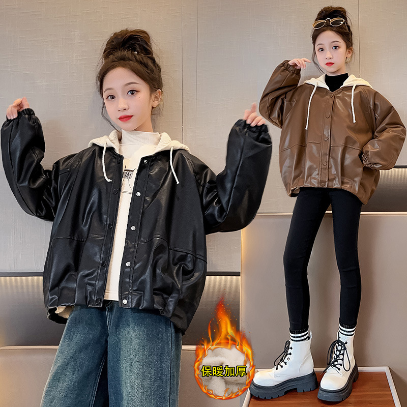 Girls' Leather Tops Spring and Autumn 2025 New Style Autumn Clothes Children's Clothes Internet Celebrity Fashionable Tops Girls' Tops