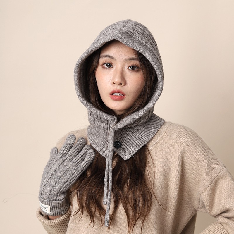 Vintage Red Balaclava Hat Women's Winter Warm Gloves Scarf One-piece Couple's Ear Protection Wool Knitted Hat