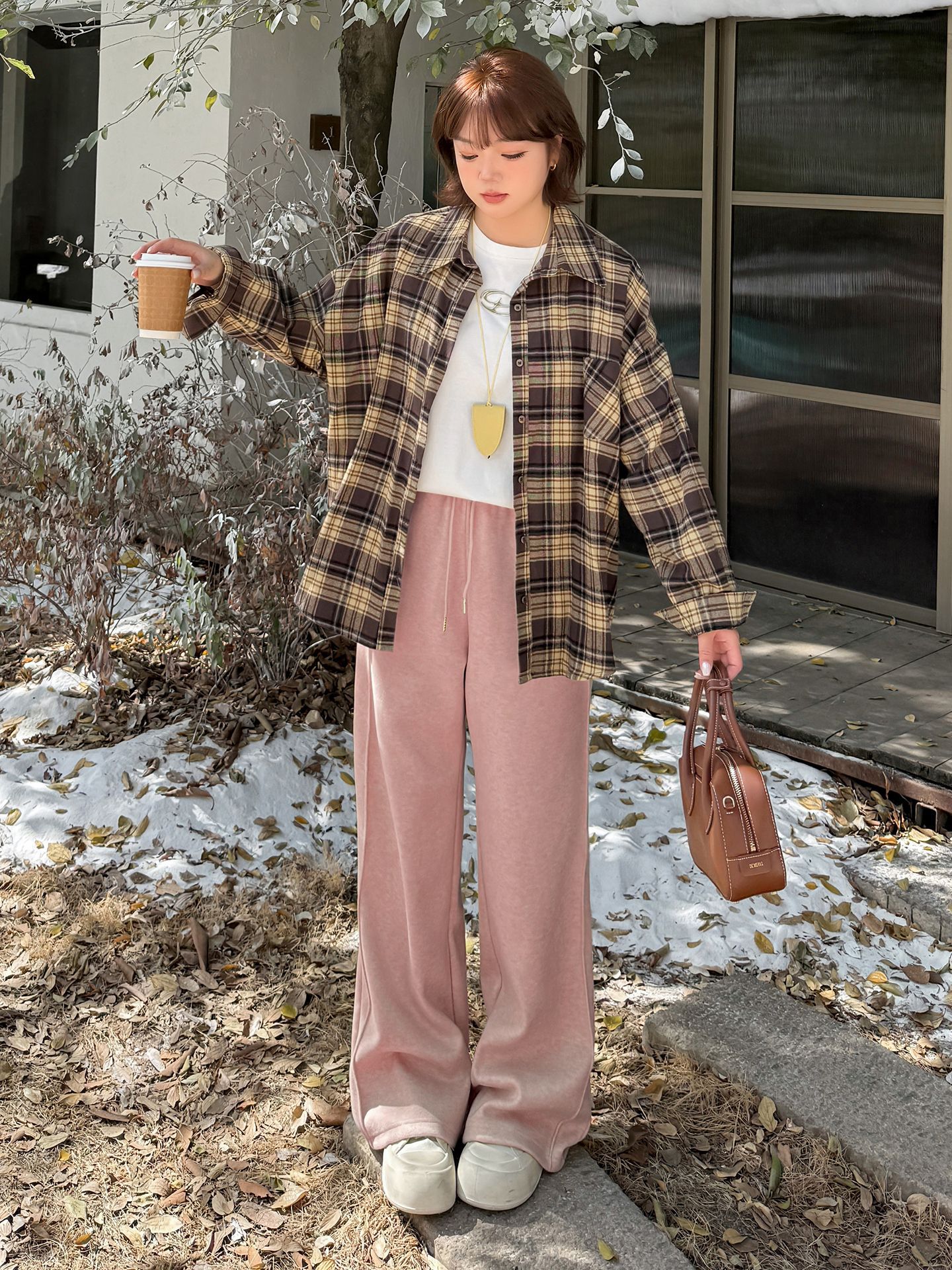 Inno Plus-Size Women's High-Waisted Patchwork Wide-Leg Pants Women's 2025 Winter New Fleece-Lined Warm Casual Pants 423906