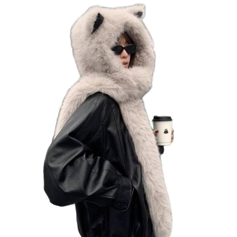 New Plush Fox Ear Scarf Hat Winter Fluffy 2025 Face-Slimming Warm Ear-Protecting Trapper Hat