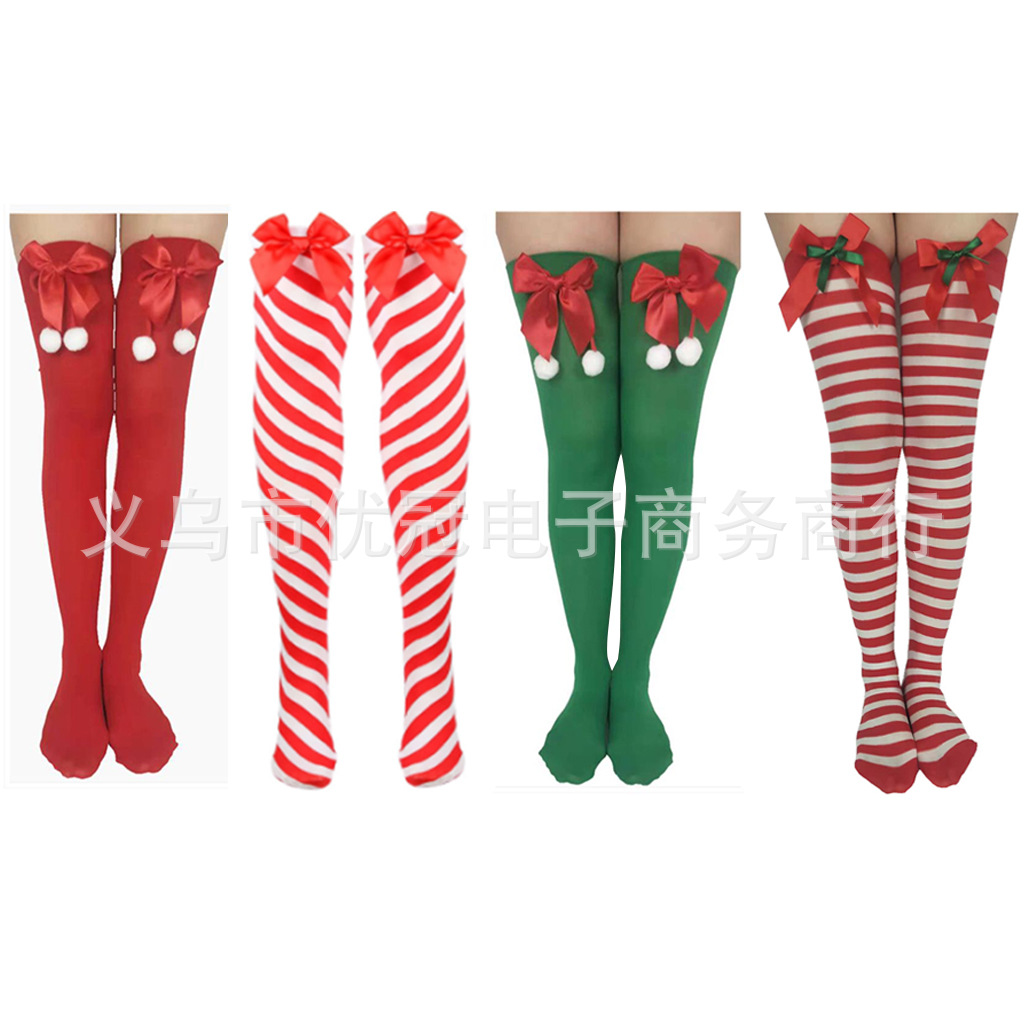 Рождественские чулки, красные и зеленые полосатые носки, одежда и аксессуары, объемные аксессуары с Санта-Клаусом, чулки выше колена