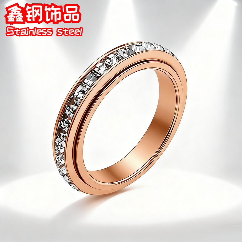 Source Manufacturer Spot Supply Cross-Border Hot Selling 4mm Square Diamond Rotating Ring for Women Stainless Steel Full Diamond Jewelry