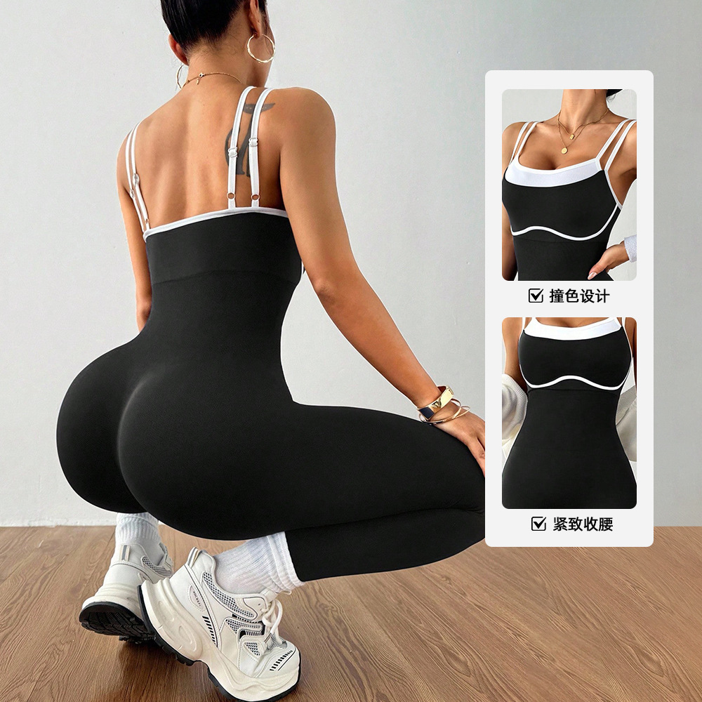 Cross-Border Exclusive European and American Elastic Tight-Fitting Cross-Back Women's Color-Blocking High-Intensity Sports Anti-Exposure Yoga Bodysuit