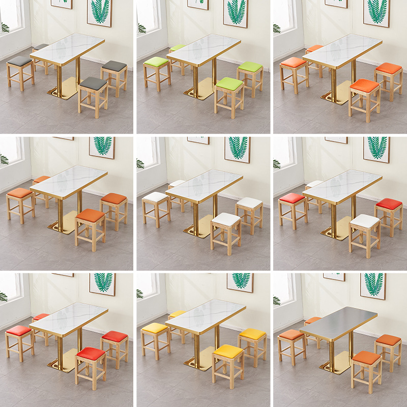 Fast Food Dining Table and Chairs, Solid Wood Stools, Hotel Snacks and Catering, Commercial Slate Gold-Rimmed Milk Tea Shop, Cafe Small Round Square Table