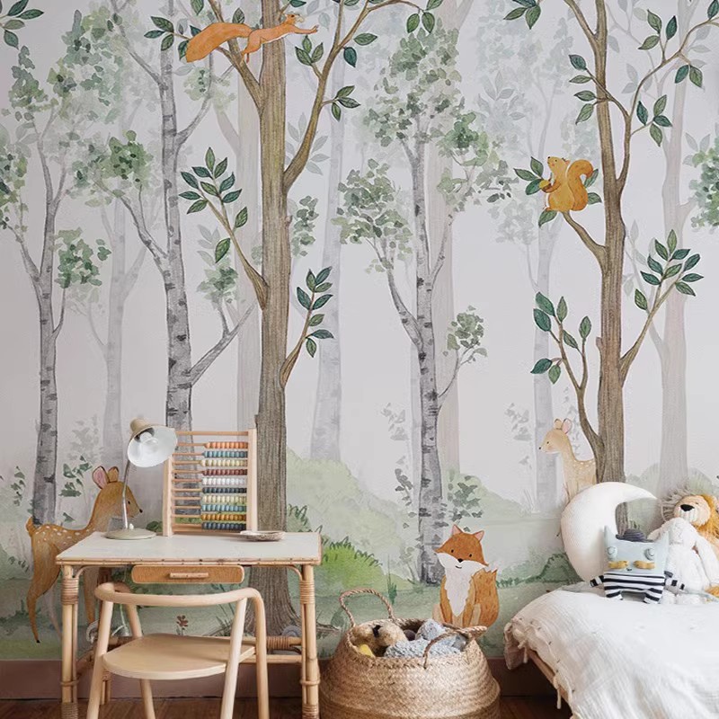 Scandinavian Wall Cloth Hand-Painted Animal Forest Kidsren's Room Wallpaper Seamless Wallpaper Boy Girl Bedroom Background Wall Mural