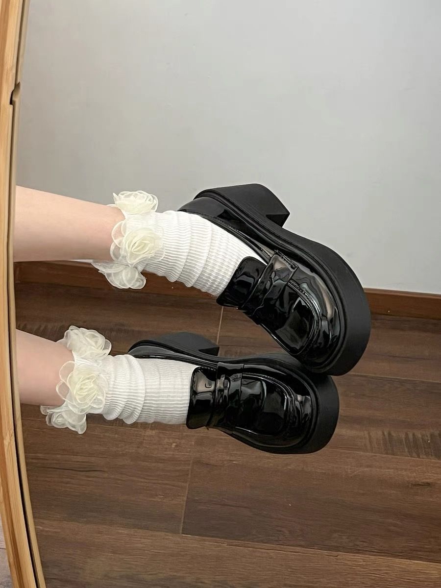 Retro British Style Black Thick Heel Heightening Thick-Soled Small Leather Shoes for Women Summer 2024 New High-Heeled French Loafers