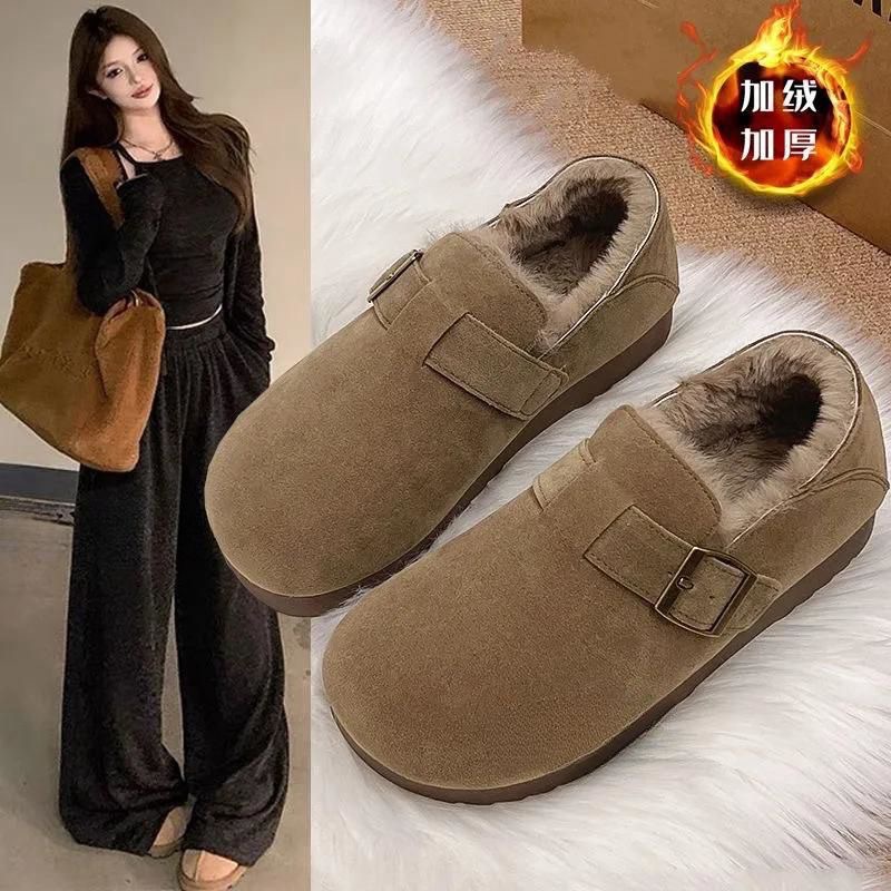 Универсальные теплые и бархатные туфли Birkenstock для женщин, новые зимние 2025 года, толстая подошва, повседневные хлопковые туфли-слипоны