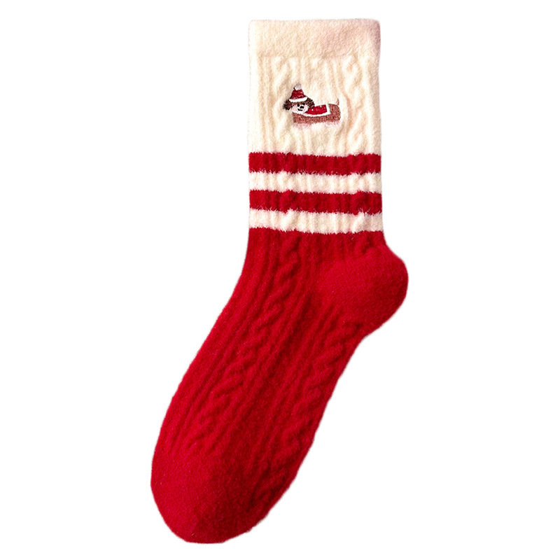 Red Australian Velvet Socks for Women Embroidered Puppy Mid-Calf Socks Winter Fleece-Lined Thickeneded Warm and Cute Home Sleep Socks for Women