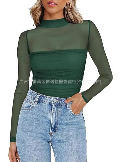 Cross-Border European and American Clothing Amazon New Pure Color Half Turtleneck Mesh Splicing Sexy T-Shirt Top