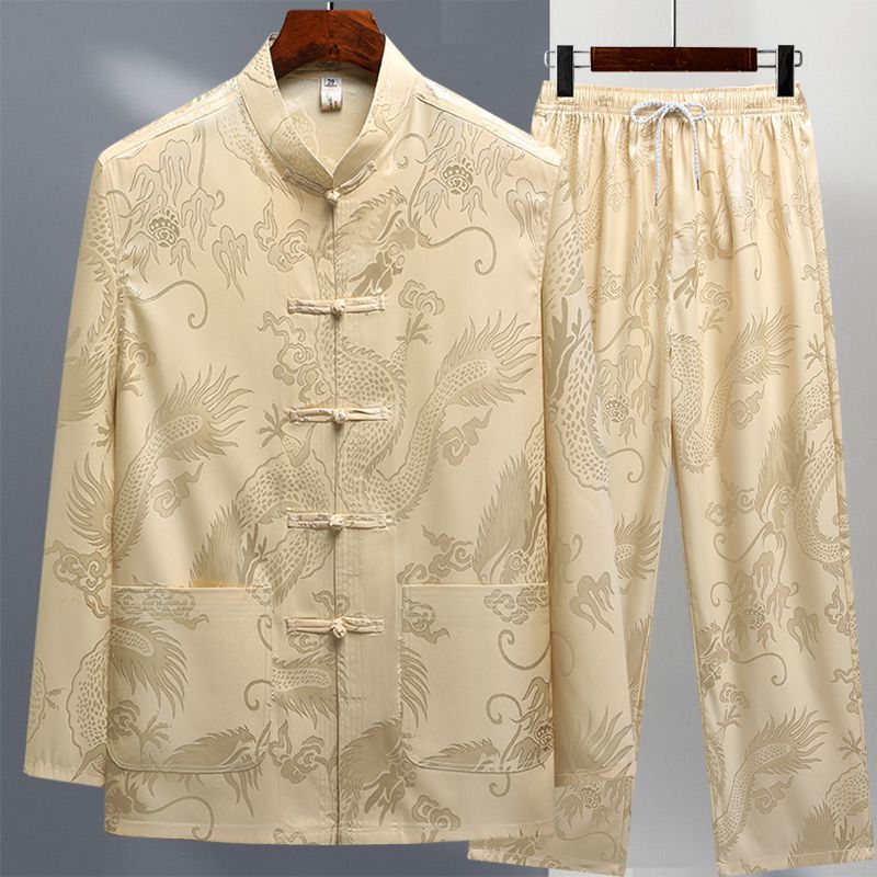 Tang Suit Men's Ice Silk Long Sleeve suit Spring and Summer Middle-aged and Old Age Retro Style Hanfu Dad Old Man Grandpa Morning Exercise Taiji Suit
