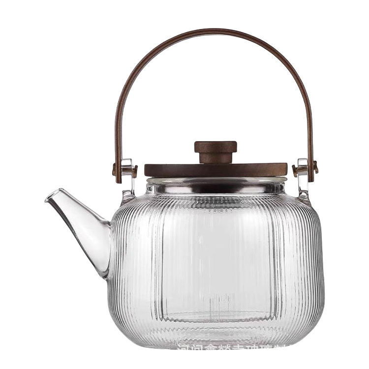 High Borosilicate Glass Teapot with Handle, Transparent Heat-Resistant Hammered Pattern, Bamboo Handle, Health-Preserving Flower Tea Brewing Teapot