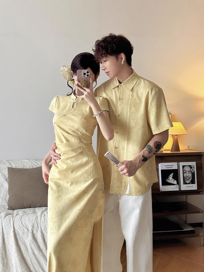 New Chinese Style Couple's Clothing for Summer, Versatile, Improved Waist, High-End, One-Piece, One-Skirt, Slit Cheongsam Dress, Shirt