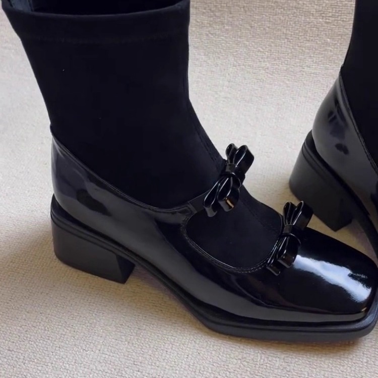 Sheepskin Version ~ Small Fragrant Bow Elastic Slim Boots 2025 New Versatile Black Back Zipper Thick Heel Short Boots
