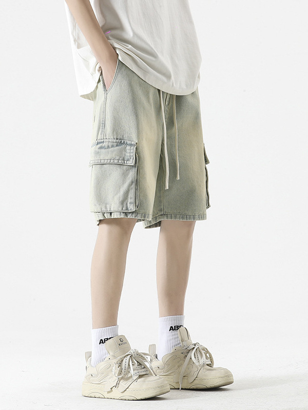 LKTM Men's# American Style High Street Multi-Pocket Tooling Denim Shorts Men's Ins Loose Straight Pants with Loose Waist