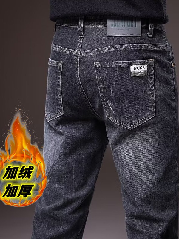 Foreign trade export men's clothing autumn and winter fleece-lined thick jeans men's straight slim stretch trousers high-end retro fashion