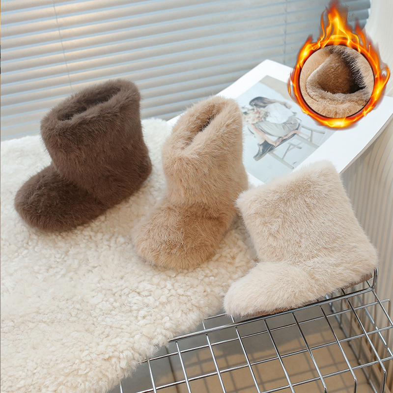 Зимние новые девичьи пушистые модные детские обувь, мальчиковые плюшевые ботинки, теплые короткие ботинки