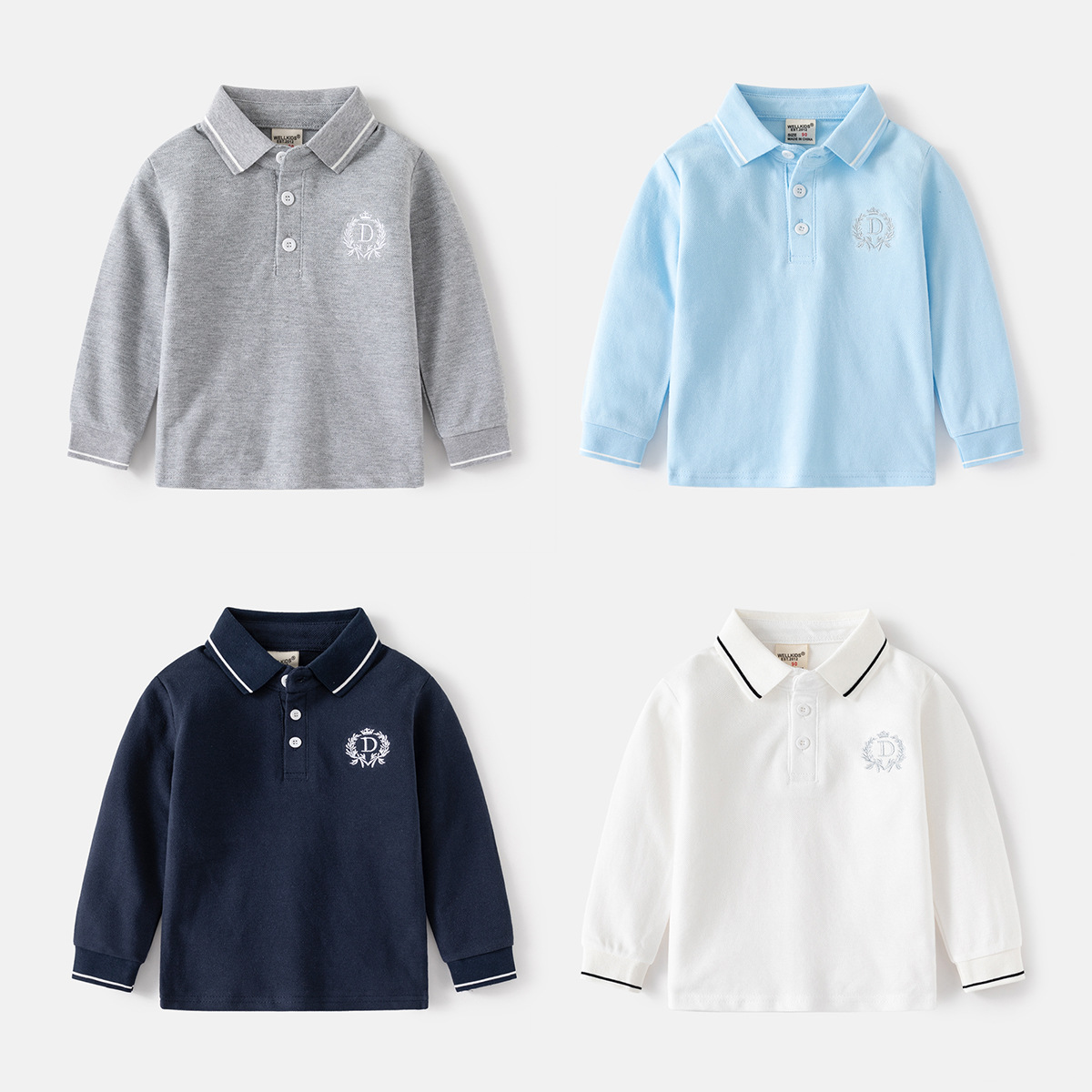 Детская футболка-поло 2025 осень, новая для мальчиков, однотонная с воротником, длинный рукав, оптовая продажа