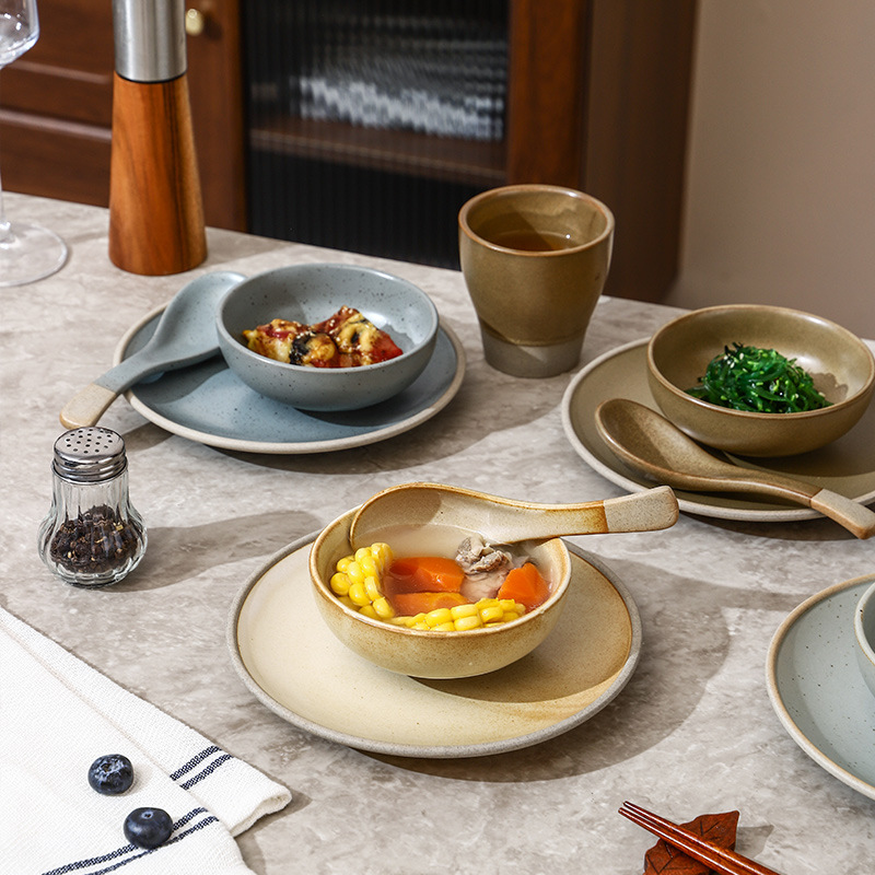 Cross-Border Stoneware Tableware, High-End Hotel Restaurant Commercial Four-Piece Tableware, Dishes and Spoons Set, Household Rice Bowl and Soup Bowl