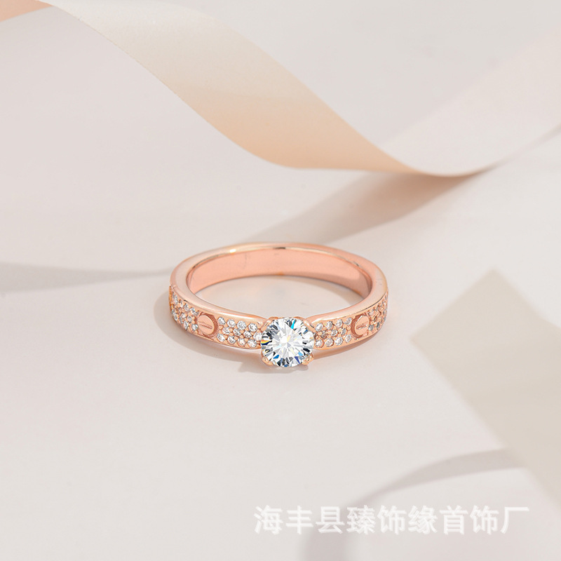 Sterling Silver S925 Ring Mosan Diamond 50 Points Electroplated Rose Gold Thick Gold Not Falling Light Luxury Advanced Colored Diamond Ring