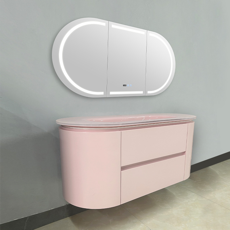 Bowiya Pink Bathroom Cabinet Mirror Cabinet Combination Customized Solid Wood Washbasin Tempered Glass Integrated Basin Bathroom Cabinet