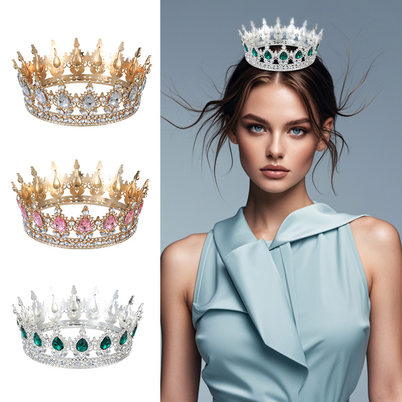 European and American Cross-border Baroque Alloy Water Drop Crown Headwear Bridal Wedding Photography Accessories Full Round Adult Ceremony Headwear