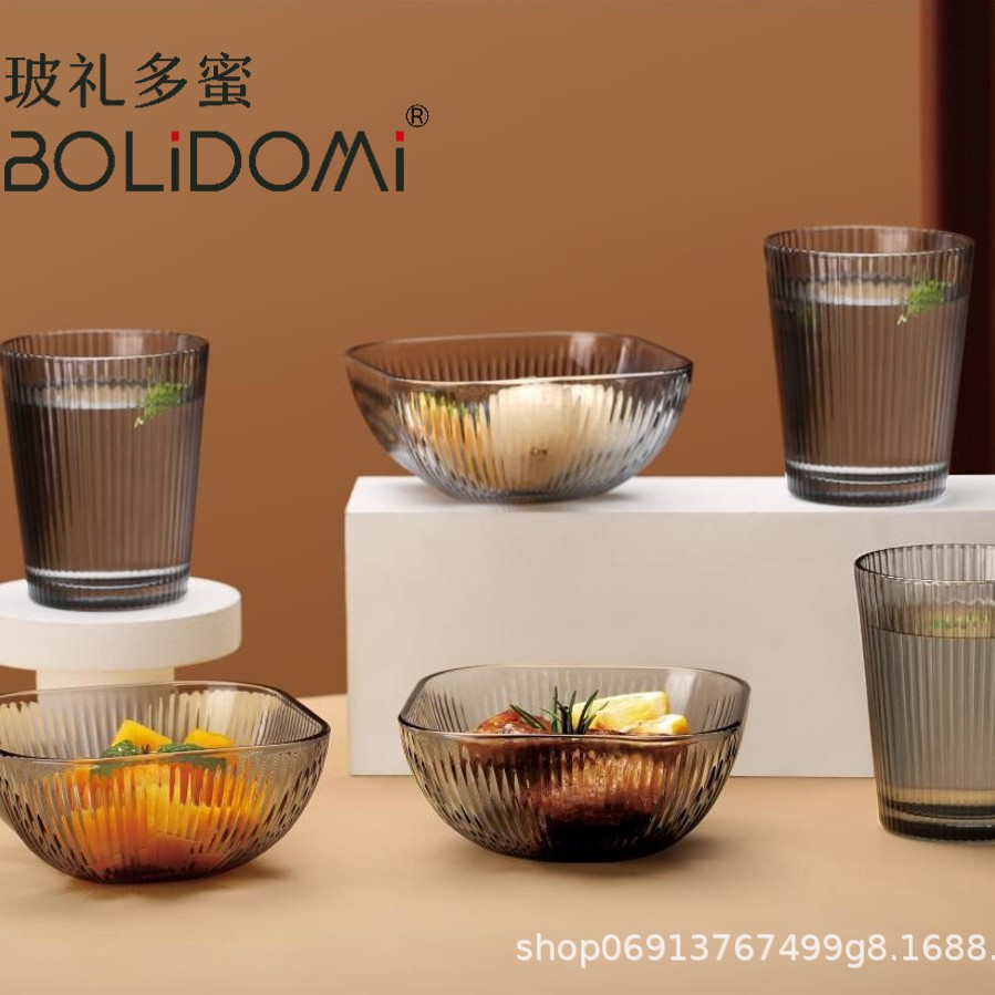 Bolitomo Vertical Pattern Light Luxury Glass Set Home Water Cup Dessert Salad Bowl Dinner Plate Souvenir Event Gift