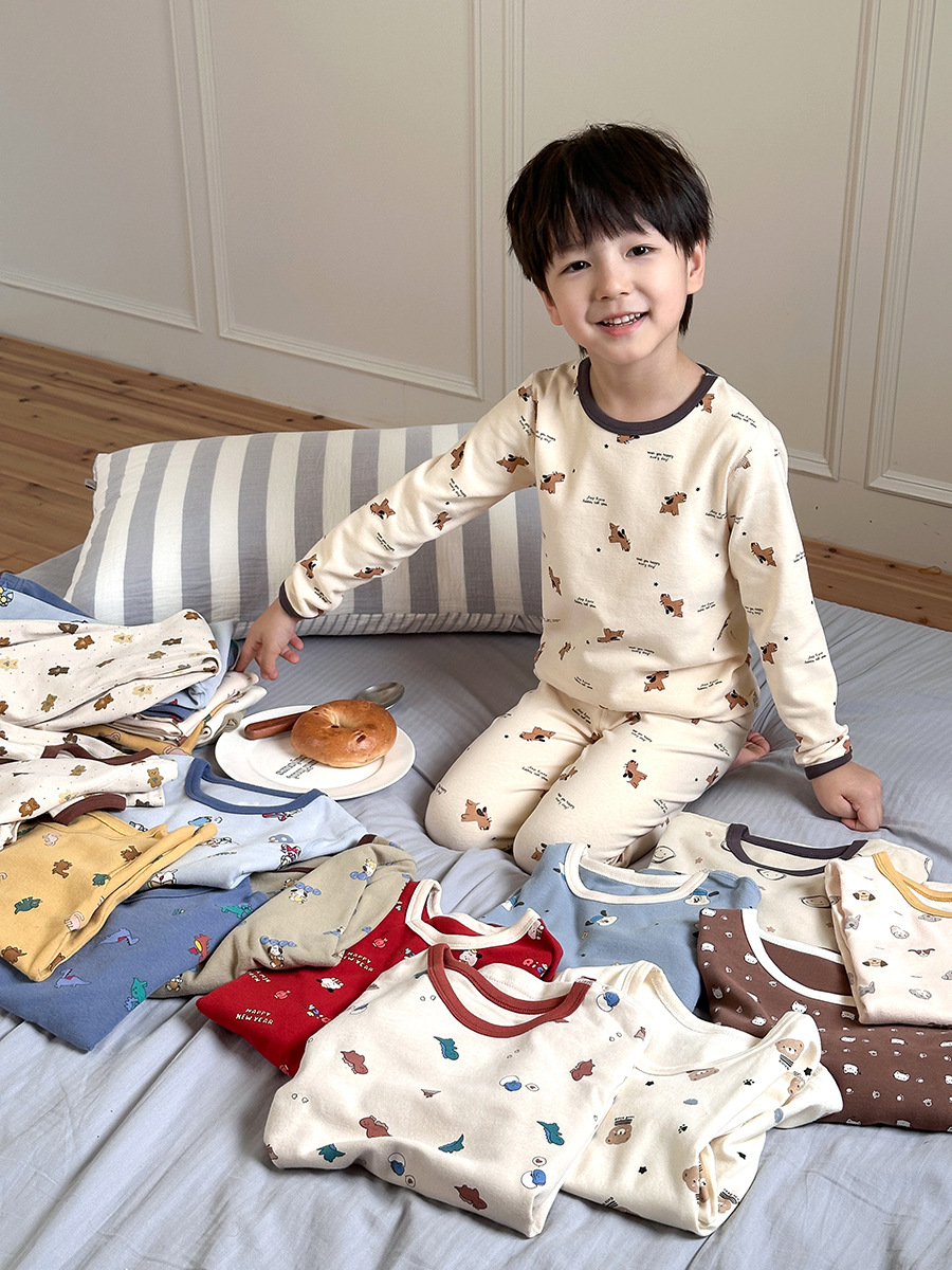 Children's Pajamas Class a Pure Cotton Boneless 280g Wool Pull-Up Home Clothes Boys and Girls Baby Cartoon Intimates Set