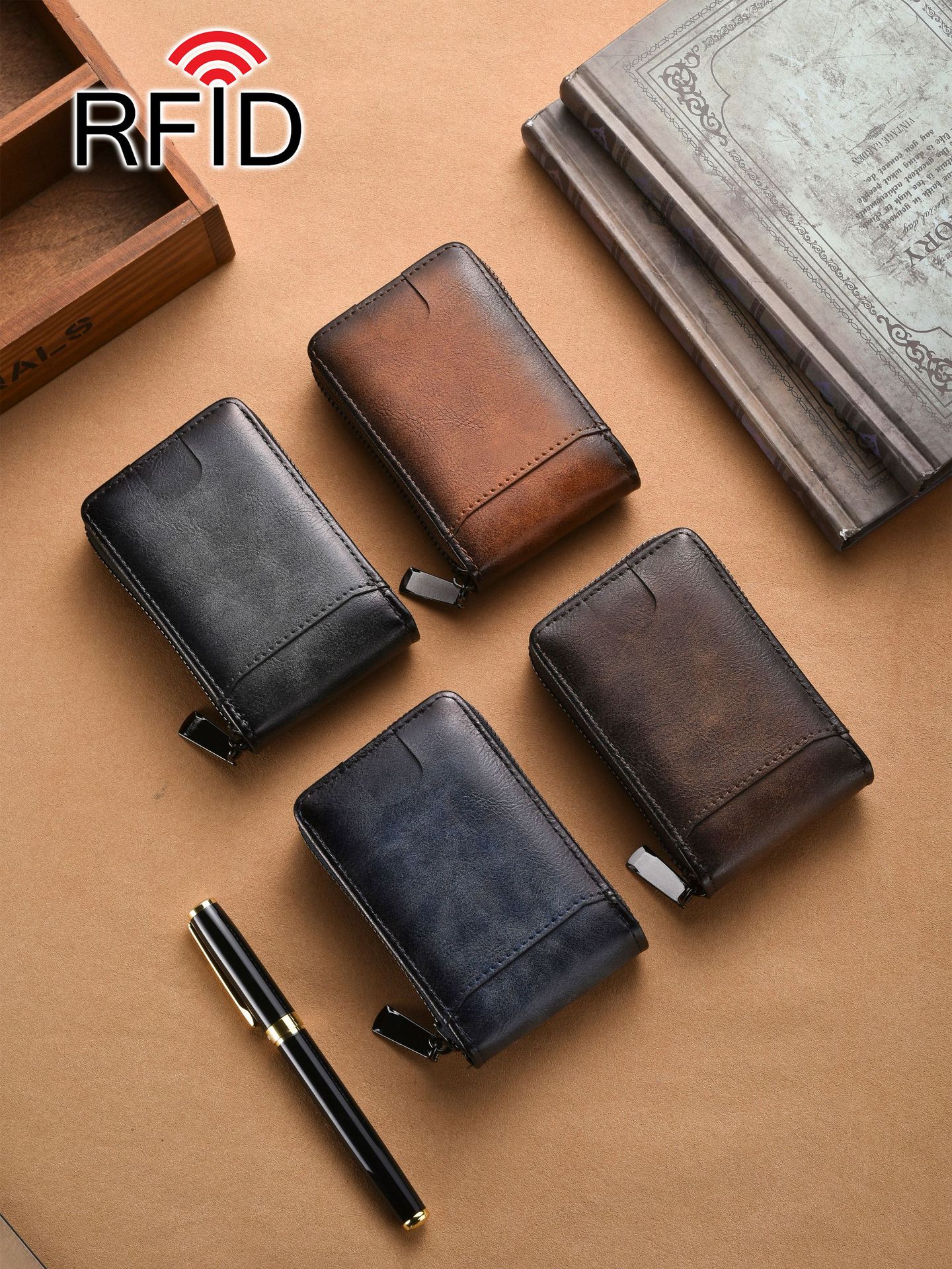 Retro Men's Card Holder Anti-Theft Rfid Multi-Card Slot Zipper Wallet Wholesale Large Capacity Men's Wallet Coin Purse