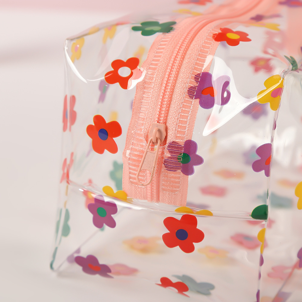 Korean Style Ins Style Color Flower Transparent Cosmetic Bag PVC Waterproof Toiletry Bag Large Capacity Portable Cosmetic Bag