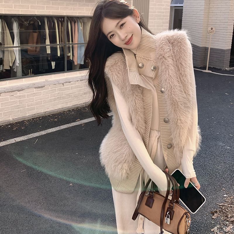 Korean Style Stand Collar Mink Velvet Sleeveless Sweater Women's Outwear 2025 Autumn and Winter New Loose Elegant Elegant Knitted Cardigan