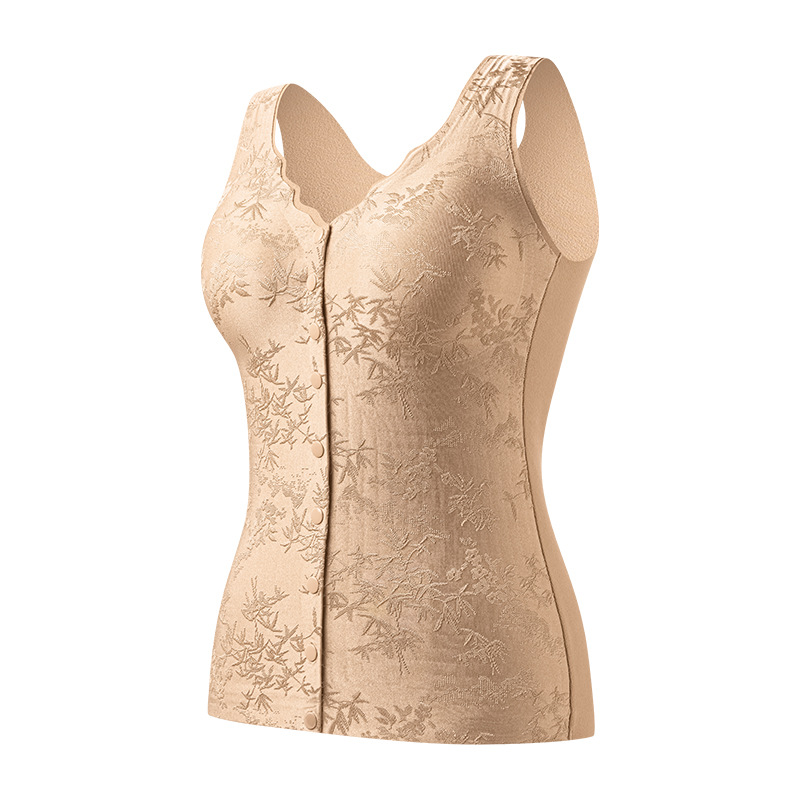 Chinese-Style Jacquard Front-Button Thermal Underwear for Middle-Aged and Elderly Women with Cup Pads, No Bra Needed, Breathable, Comfortable, and Warm Vest