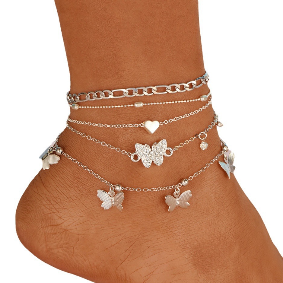 Europe and the United States cross-border new holiday beach butterfly multi-layer anklet creative round beads peach heart chain anklet suit 4 pieces