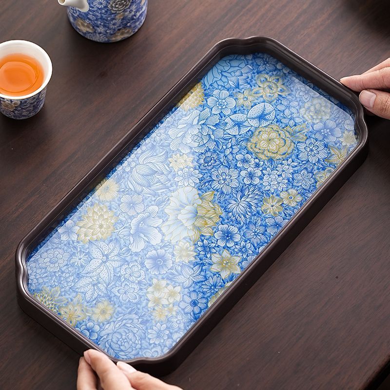 Chinese Style Blue and White Tea Tray High Borosilicate Glass Heat-Resistant and Scalding Tray Pot Dry Bubble Tray Outdoor Travel Home Office