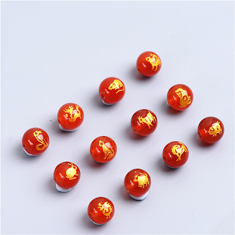 Natural Red Agate Zodiac Beads DIY with Engraved Surnames, Round Beads Accessories Wholesale, Zodiac-Themed Cultural Items