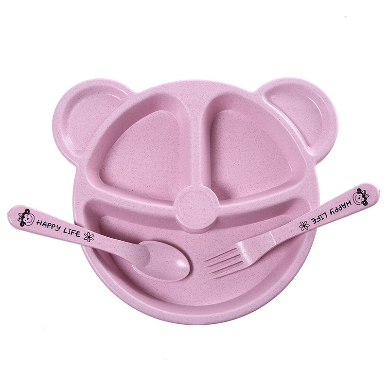 Casual Kindergarten Student Kidsren's Wheat Straw Compartmentalized Eating Panda Tableware Plate Spoon Fork 3-Piece Set