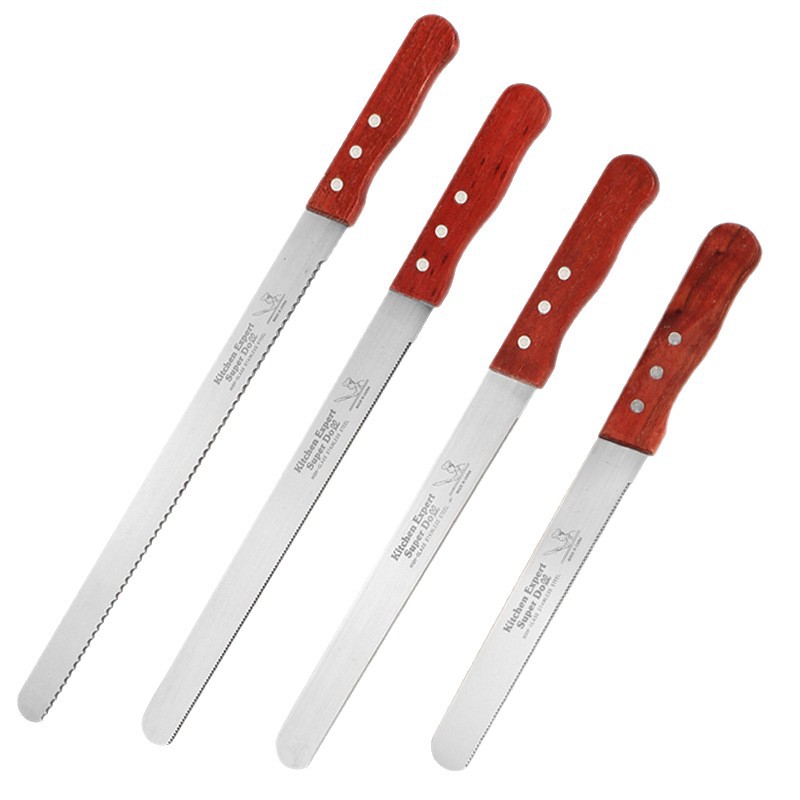 Wooden Handle Stainless Steel Serrated Bread Knife Baking Cake Cutter Layered Fine Tooth Toast Bread Tool