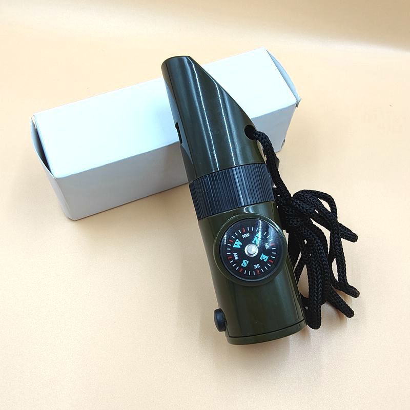 Outdoor Seven-In-One Multifunctional Whistle Survival Whistle Life-Saving Whistle with Led Light Thermometer Compass Magnifying Glass
