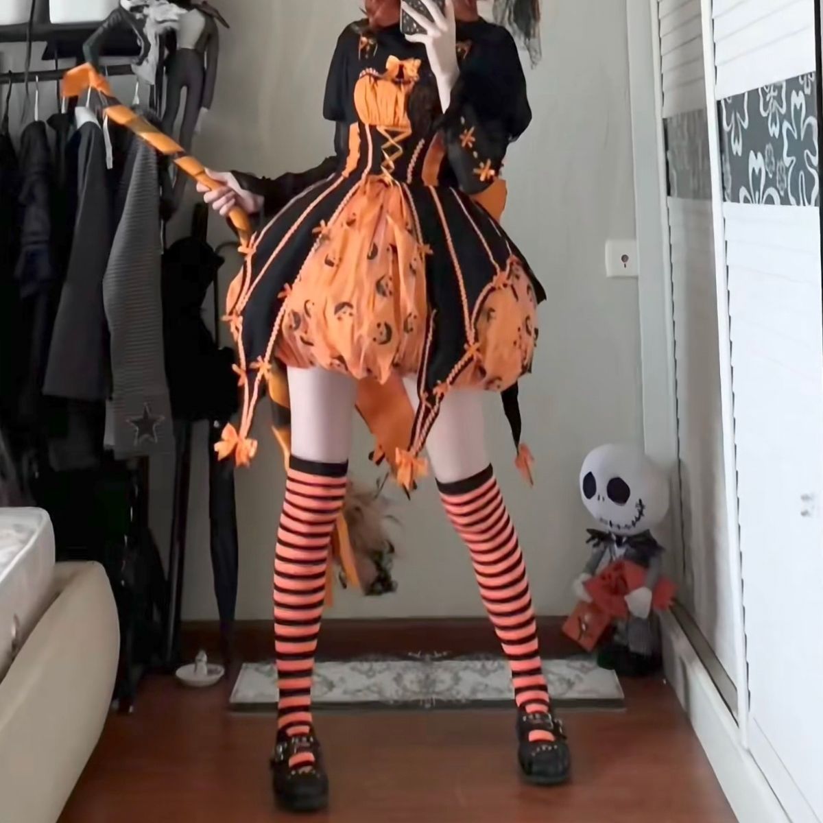 Хэллоуинские чулки выше колена в черно-оранжевую полоску, стильный японский уникальный вариант для девушек JK