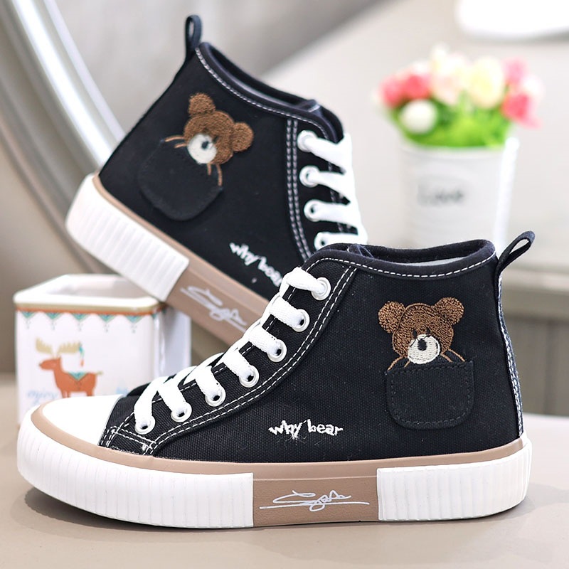Pocket Bear High-Top Shoes Women's Canvas Shoes Versatile Korean Style Sneakers Black Shoes Cross-Border Export Wholesale Large Size Shoes M10