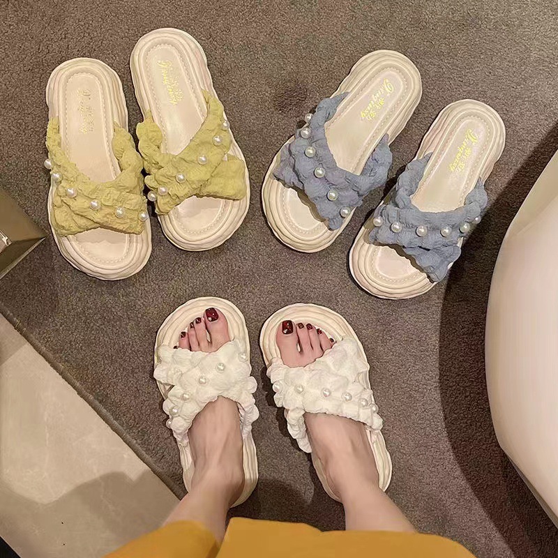Fairy Style Pearl Sandals and Slippers for Women Outer Wear 2023 New Style Platform Dissolving Shoes Seaside Beach Slippers ins