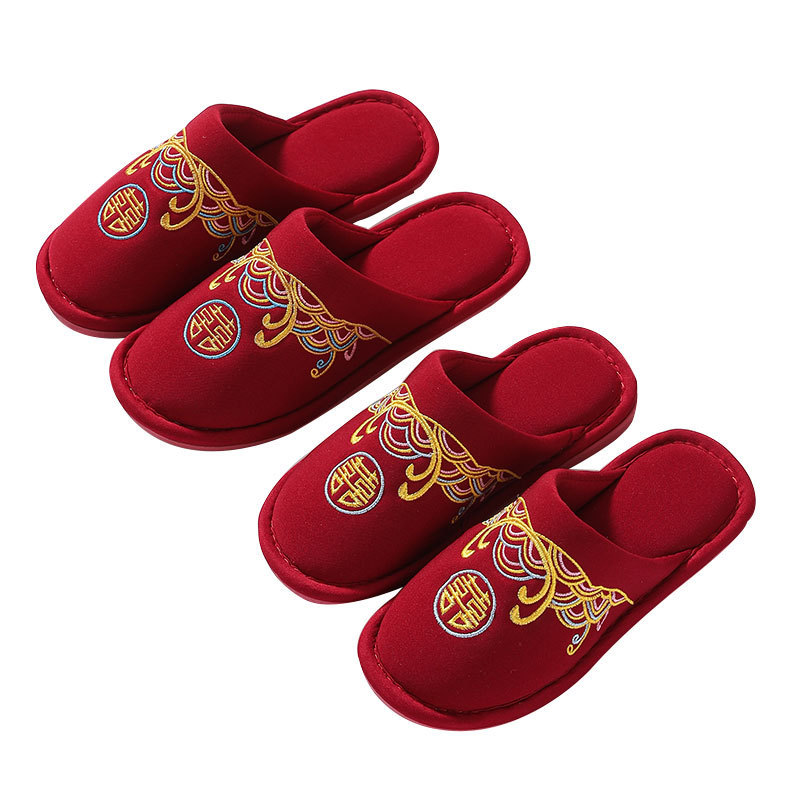 Wedding slippers festive red pair of autumn and winter couples wedding winter home indoor bride wedding dowry slippers