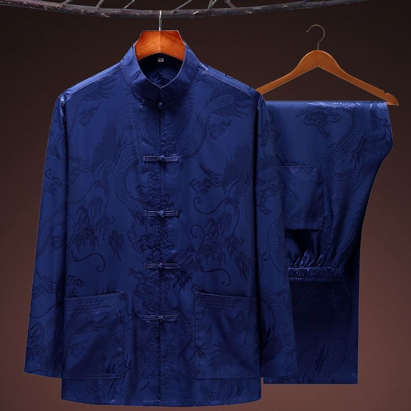 Spring and Summer Ice Silk Tang Suit for Middle-Aged and Elderly Men, Long-Sleeve Set, Dad's Silk Shirt, Grandpa's Morning Exercise Outfit, Hanfu