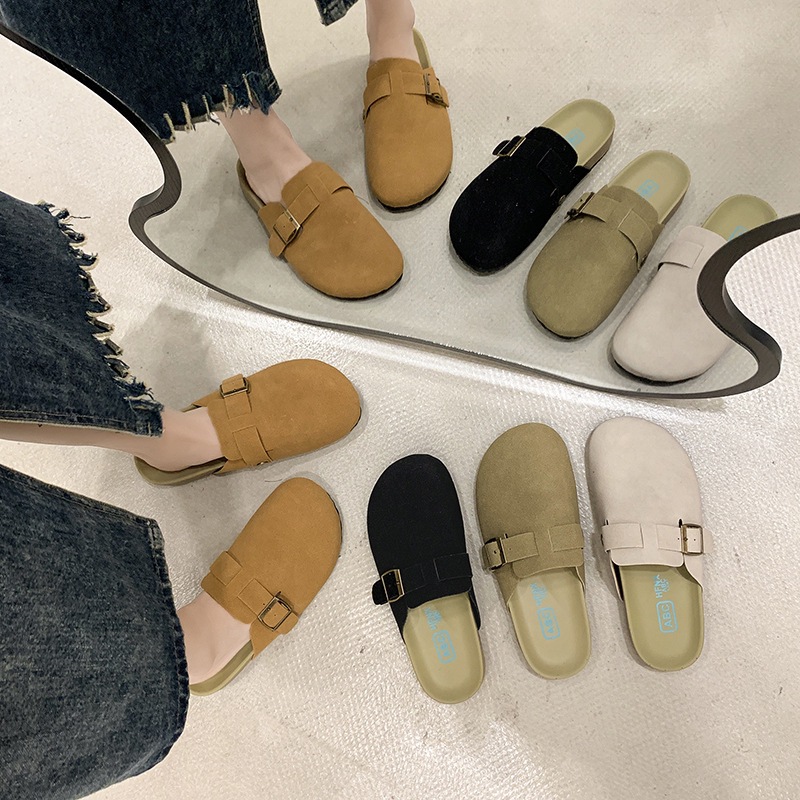 Slippers for Women 2024 Autumn and Winter New Retro Baotou Half Slippers Women's Slip-On Slip-Ons Belt Buckle Birkenstock Shoes