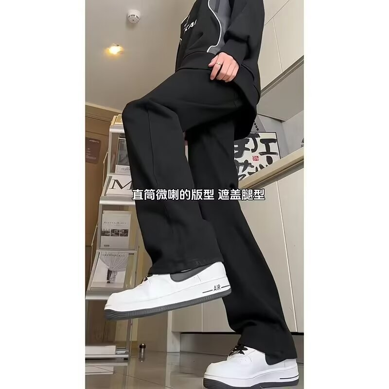 Autumn and Winter fleece-lined Black Men's Pants Crotch-lift High Waist Jeans American-style High Street Straight Scimitar Pants