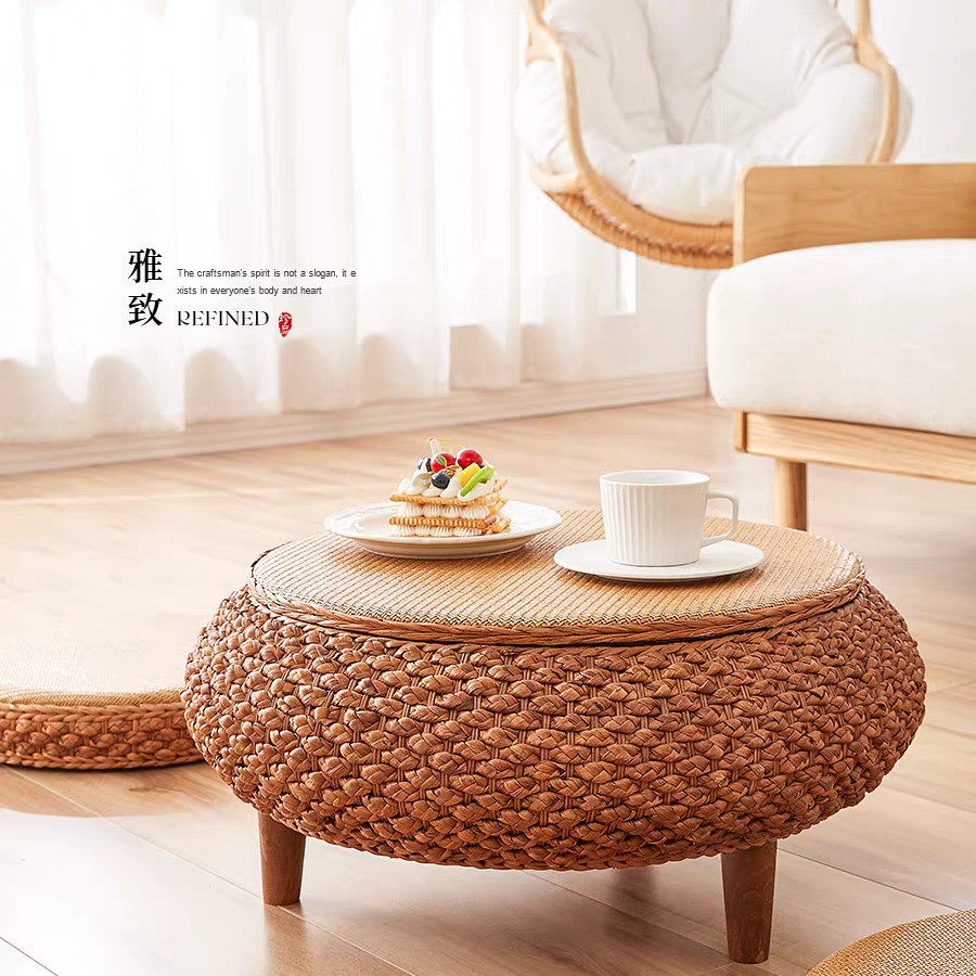 Tatami-Style Trendy Coffee Table for Bay Window, Small Table, Kang Table for Bedroom, Simple Home Use, Low Table for Windowsill, Rattan Woven with Storage