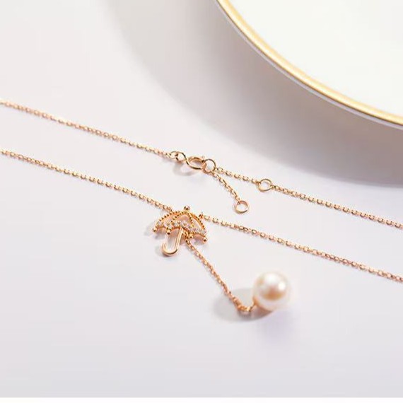 18K Rose Gold Diamond Custom Pearl Necklace Lovers in the Rain, with Certificate Gift Preferred