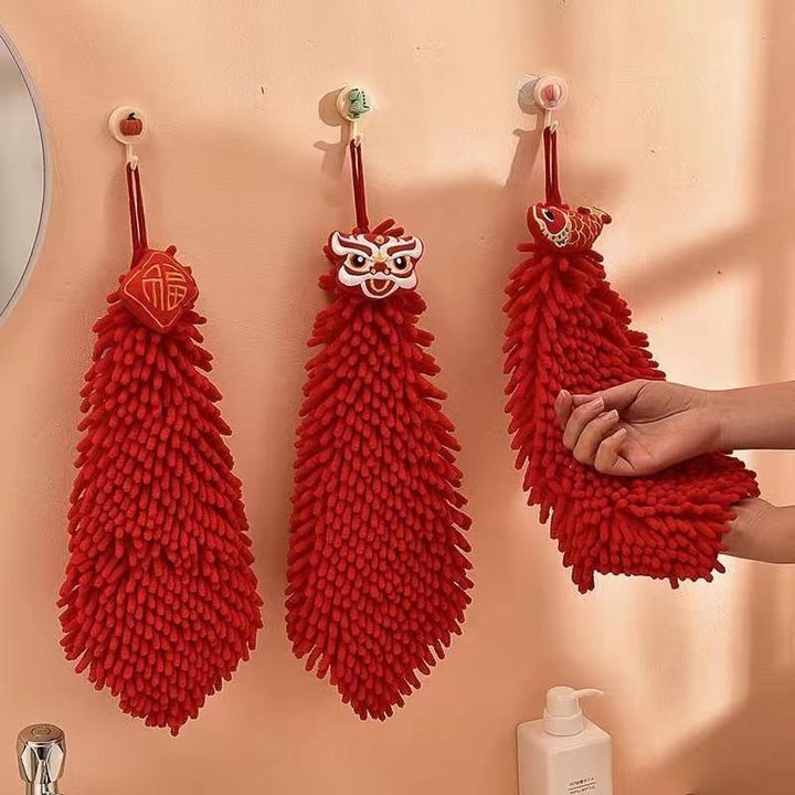 Hand towel hanging wedding red festive cute chenille handball towel kitchen bathroom lion dance handkerchief