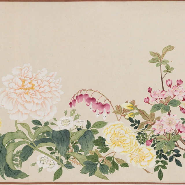 Qian Weicheng's "All Things Flourishing Together" Hand-Scroll Vintage Banner with Floral Chinese Painting, High-Definition Replica for Hotel Decoration