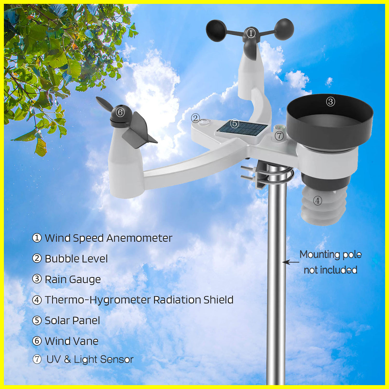 7-in-1 Outdoor Sensing Professional Weather Station, Extra Large Screen Display Wind/Rain/Uv/Temperature/Humidity, Real-Time Smart Warning
